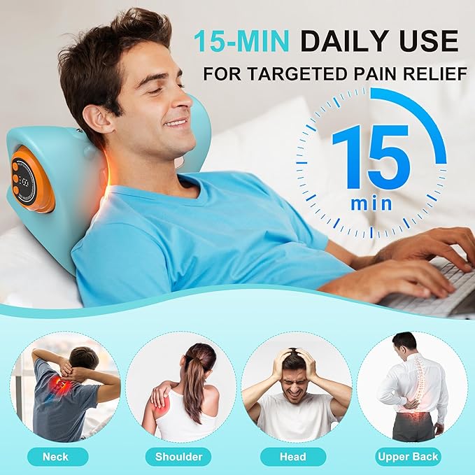 snawowo Neck Massager with Heat - 3D Kneading 3 Heat 3 Vibration, Remote Control Massage Pillow, 30° Ergonomic for Shoulder Neck Pain Relief, 15Min Timer (Sky Blue)