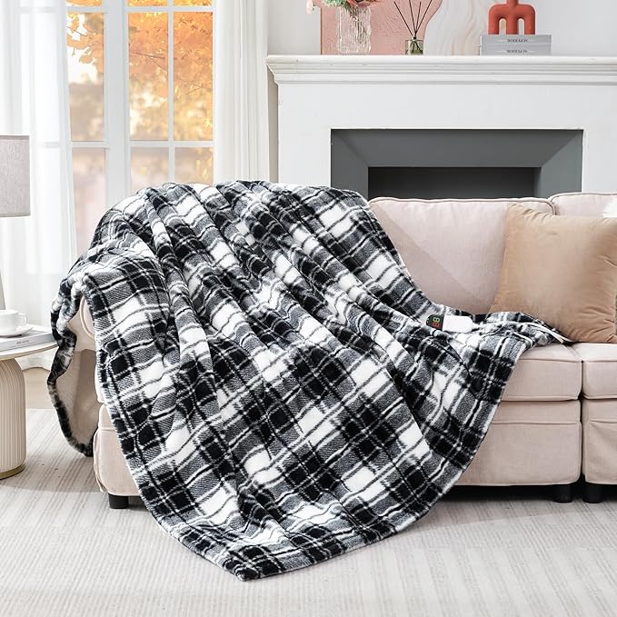 MAXEVE Faux Fur Heated Electric Blanket, 62"x84" Fast Heating Warming Twin Blankets with 8 Heating Levels & 8 Hours Auto Off with Over-Heat Protection & ETL Certified, Plaid Black