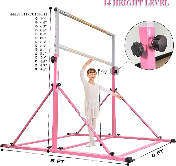 Gymnastic Bar for Kid and Teenage Ages 3-25, 5 FT / 6 FT Base Length, 5 FT / 6 FT Height, Gymnastic Kip Bar Horizontal Bar for Gymnast, Gymnastic Training Equipment for Home and Club Use