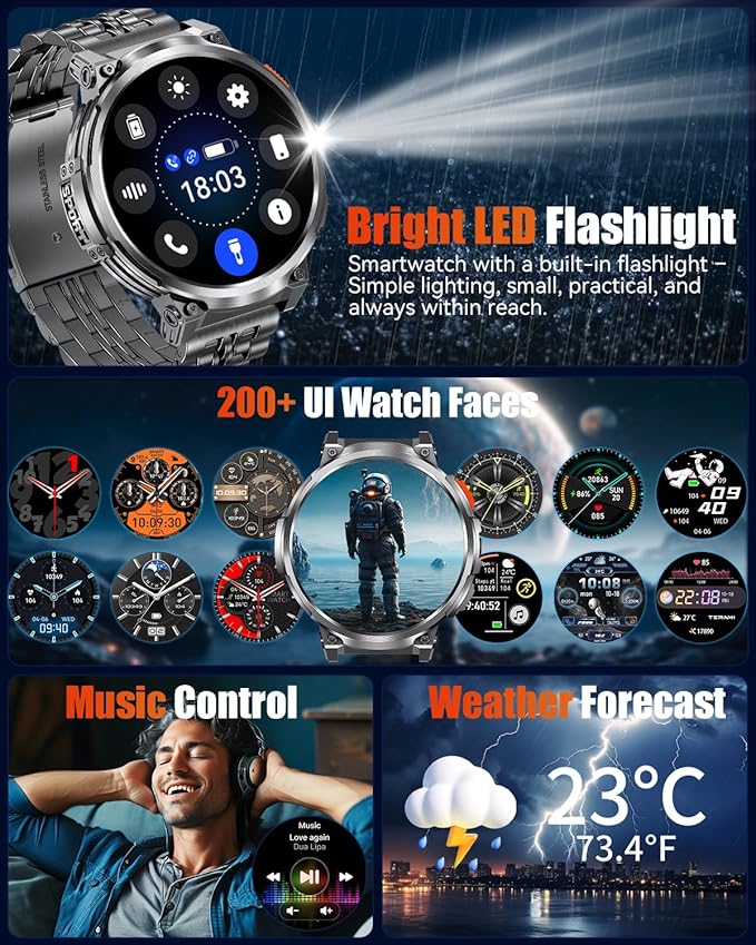 1.85" Big Screen Military Smart Watch for Men with Flashlight, 730mAh Large Battery, IP68 Waterproof, Bluetooth Calling, 114 Sports Modes, Heart Rate/Sleep Monitor for iOS Android