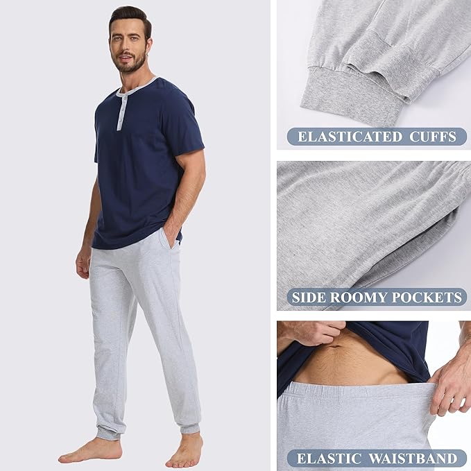 Men's Pajama Set with Henley Neckline 100% Cotton Soft and Comfortable Nightwear 2-Piece Lounge Set