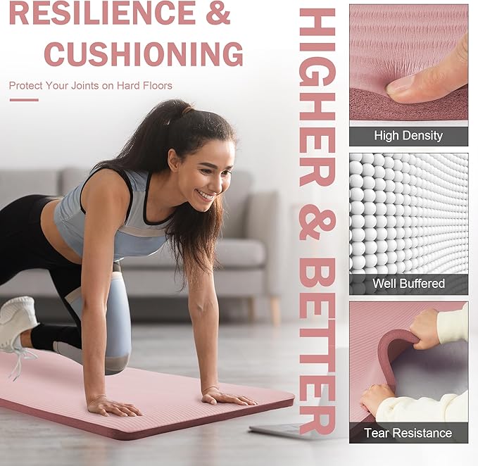 Yoga Mat 1-Inch Extra Thick High-Density Exercise Mat with Non-Slip Surface & Carry Strap for Men & Women Tear-Resistant Pilates Workout Mat for Home Gym, Floor Fitness, Pale Pinkish