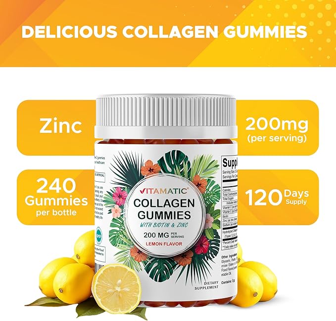 Vitamatic Hydrolyzed Collagen Gummies with Vitamin C, Zinc and Biotin, 200 mg - Healthy Skin Support - 240 Gummies
