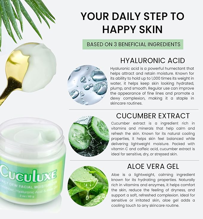 Beesaluxe Cuculuxe Daily Dew Facial Moisturizer – Hydrating Face Cream with Cucumber, Hyaluronic Acid & Aloe – Gentle Daily Moisturizer for Sensitive Skin