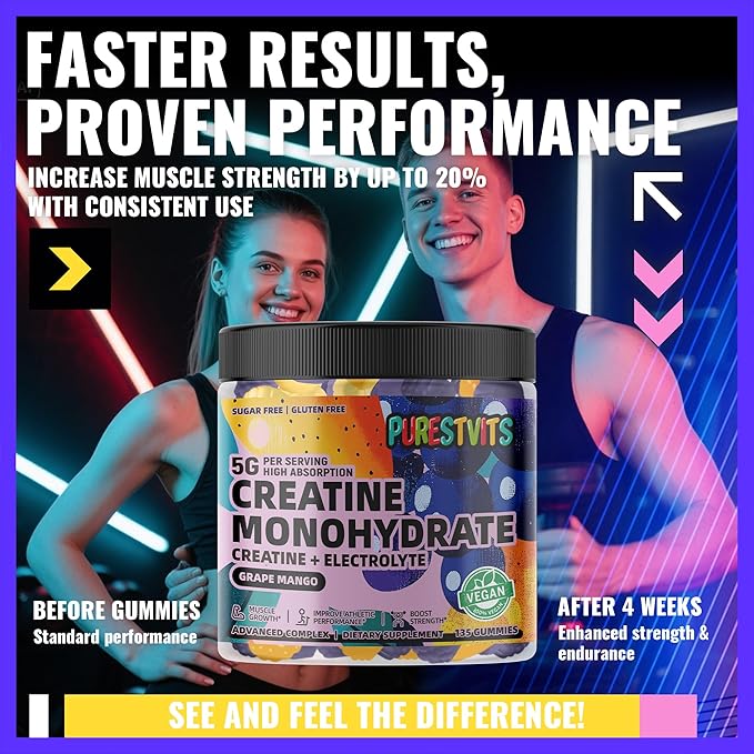 Creatine Monohydrate Gummies (5g) – Pre-Workout Energy & Muscle Growth Support for Men & Women | Grape Mango Electrolyte Gummies (135 Count)