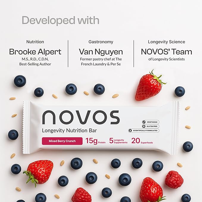 Novos Longevity Protein Bar - Mixed Berry Crunch - 15g Protein, 5 Longevity supplements, 20 Superfoods, Organic Olive Oil, Seed Oil Free, Targets Causes of Aging, Skin, Mind and Mood Support, 12-Pack