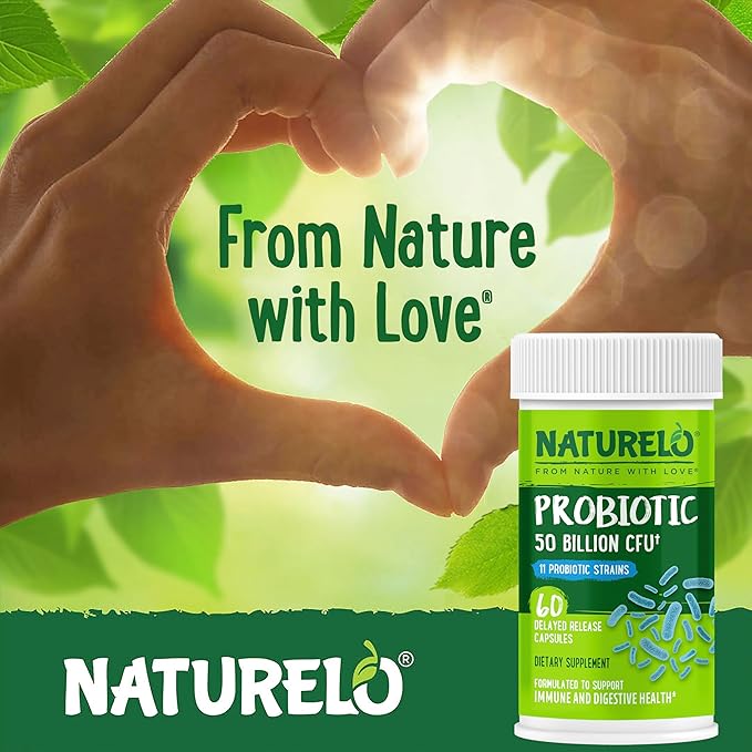NATURELO Probiotics for Digestive Health - 50 Billion CFU, 11 Strains Daily Supplement - Boosts Immune System, Delayed Release, 60 Vegetarian Capsules