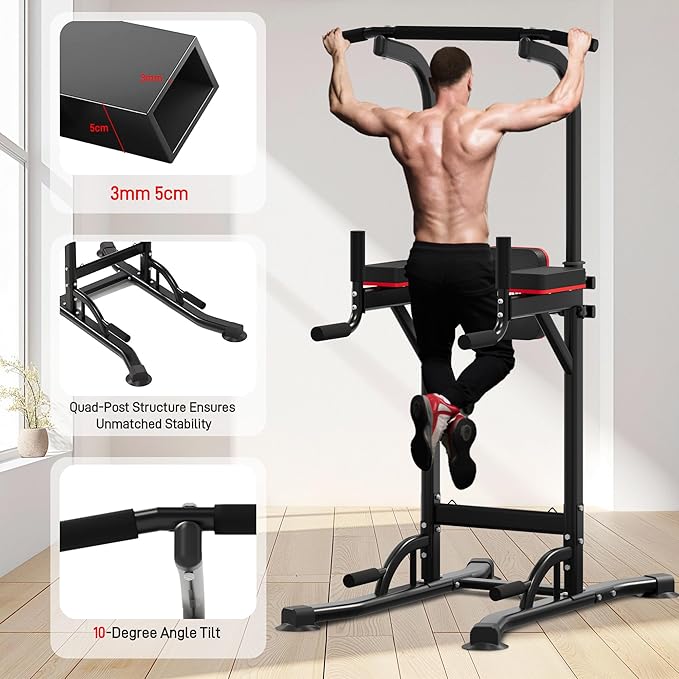 Outdoor Basic Power Tower, Pull Up Bar and Dip Station for Home Gym, 1600LBS Weight Capacity, Adjustable Height, Heavy Duty Steel Frame for Calisthenics, Strength Training Fitness Equipment