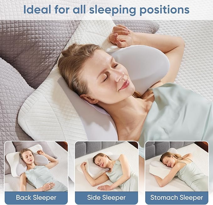 DUMOS Cervical Neck Pillow Set of 2, Cooling Memory Foam Contour Pillow with Arm Rest Slot and Ice Silk Pillowcase, Ergonomic Dual-Height Orthopedic Support for Side, Back, and Stomach Sleepers, Grey