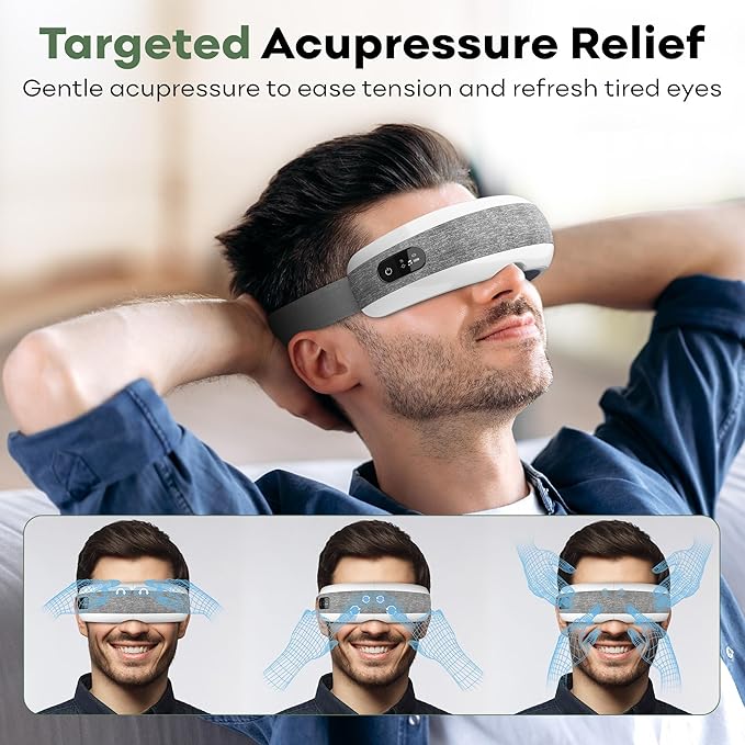 Eye Massager with Heating, Head Massager for Tired Eyes, Stream Your Favorite Music, Adjustable Head Strap, Gift for Women Men Mom Dad