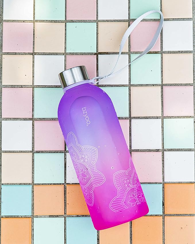 bzyoo 32 OZ 1 Liter Time Marker Water Bottle BPA Free Frosted Durable Plastic With Strap - Reusable Water Bottle With Times To Drink For Fitness Gym Gifts For Him & Her (Color: Ombre Pink)