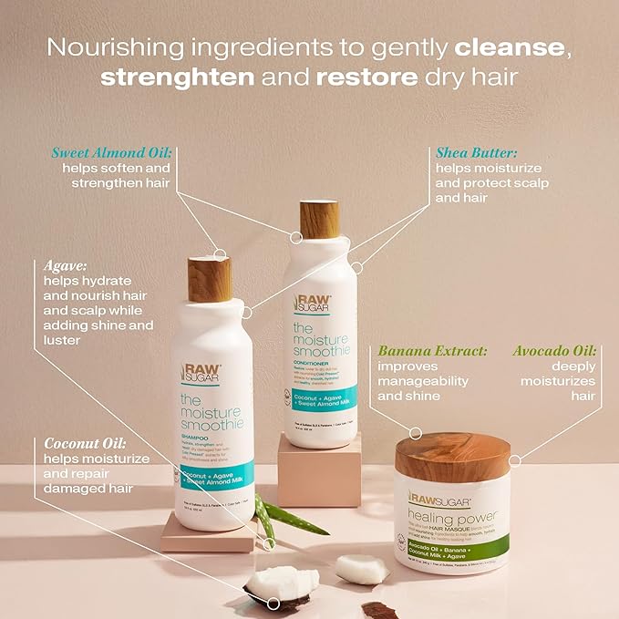 Raw Sugar Moisture Smoothie + Hair Masque Bundle - Shampoo & Conditioner for Dry Damaged Hair, Sulfate & Paraben Free