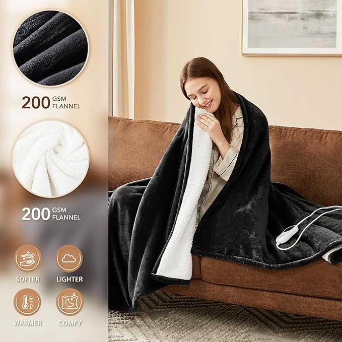 Homemate Electric Heated Blanket King Size - 100"x90" Heating Blanket King Size Dual Control 1/2/4/6/8 Hours Auto-Off 10 Heat Level Over-Heat Protection Flannel Sherpa ETL Certification