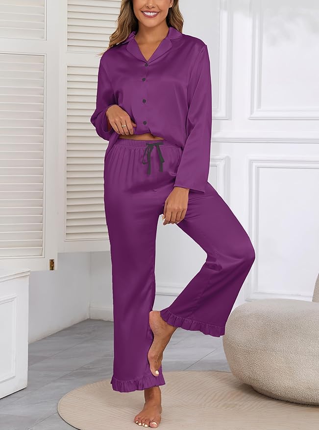 Veseacky Womens Satin Pajama Set Silk Pjs Button Down Long Sleeve Sleepwear Loungewear Sleepwear 2 Piece Pjs Set S-XXL