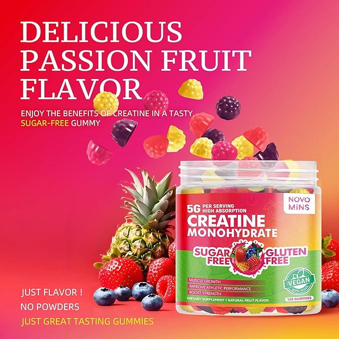 novomins Creatine Monohydrate Gummies 5000mg for Men & Women, Chewables Creatine Monohydrate for Muscle Strength, Muscle Builder, Energy Boost, Pre-Workout Supplement(120 Count)