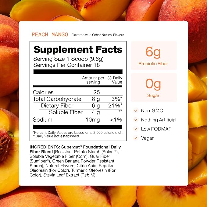 Supergut Foundational Daily Fiber Powder, Sugar Free & Vegan Prebiotic Fiber Blend for Gut Health & Digestive Support, Supplement for Men & Women with Solnul & Sunfiber, Peach Mango, 18 Servings