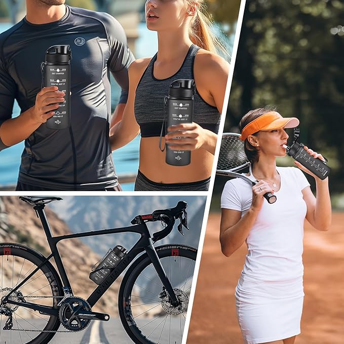 Enerbone Water Bottle, Leakproof BPA & Toxic Free, Motivational Water Bottle with Times to Drink and Straw, Fitness Sports Water Bottle with Strap for Office, Gym, Outdoor Sports
