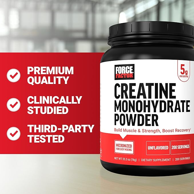 Force Factor Creatine Monohydrate Powder (1KG), 5g Micronized Dose to Support Muscle Growth, Strength, Recovery, Cognitive Health & Memory, Unflavored, 200 Servings