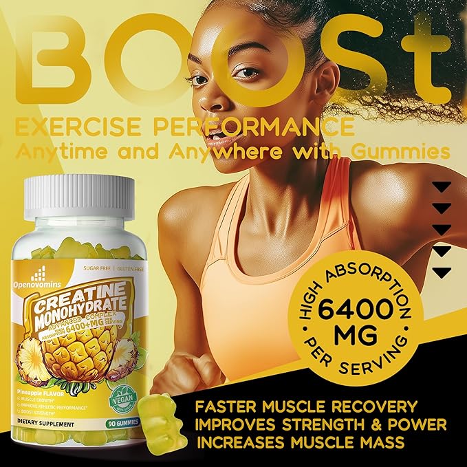 Creatine Monohydrate Gummies Complex for Men & Women -Advanced Formula W/L-Taurine + Vitamin B12, Sugar Free Chewable Supplement,180 Pineapple Gummies 2pack