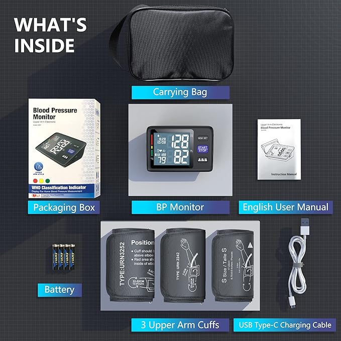 Blood Pressure Machine Upper Arm, 3 Size Cuffs, S, M/L and XL, Small 7"-9", Medium/Large 9"-17" and Extra Large Cuff 13"-21", Accurate Automatic Digital BP Monitor, Large Backlit LCD, 3-User 1500 MEM