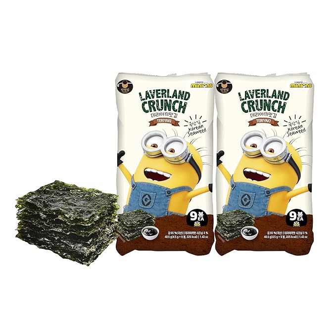 Laverland Crunch Seaweed Snack Teriyaki Flavor 18 Count (2 Packs), Korean Roasted Seaweed, Low Calorie, Vegan and Keto friendly, Gluten Free.