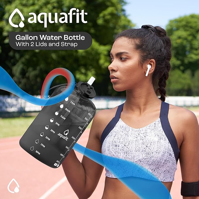 AQUAFIT 1 Gallon Water Bottle with Time Marker - Straw & Chug Lid - BPA Free Gym Water Bottle with Straw - Big Gallon Jug (Midnight Gray, 128 oz - 2 Lids)