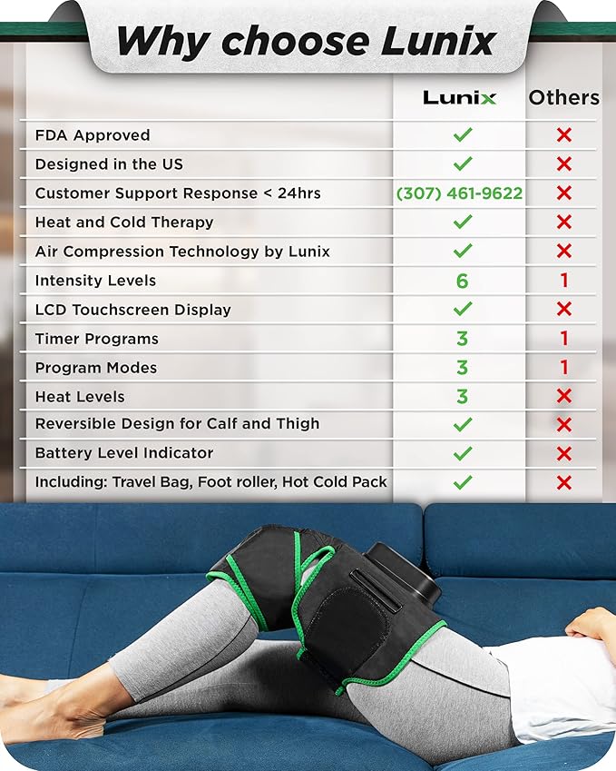 Lunix LX4 Knee Massager with Heat and Compression, Rechargeable Thigh, Calf, and Knee Wrap with Cold or Heat Therapy, Leg Brace and Heating Pad, Green