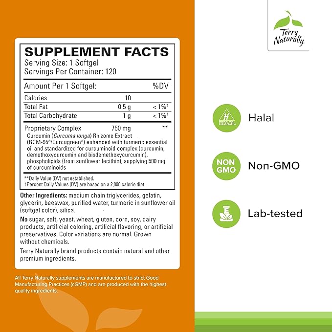 Terry Naturally CuraMed 750 mg - Antioxidant Supplement for Brain & Heart Health - Supplement with High-Potency Curcumin Complex - Kidney, Liver & Immune Health Support - 120 Softgels (Pack of 3)
