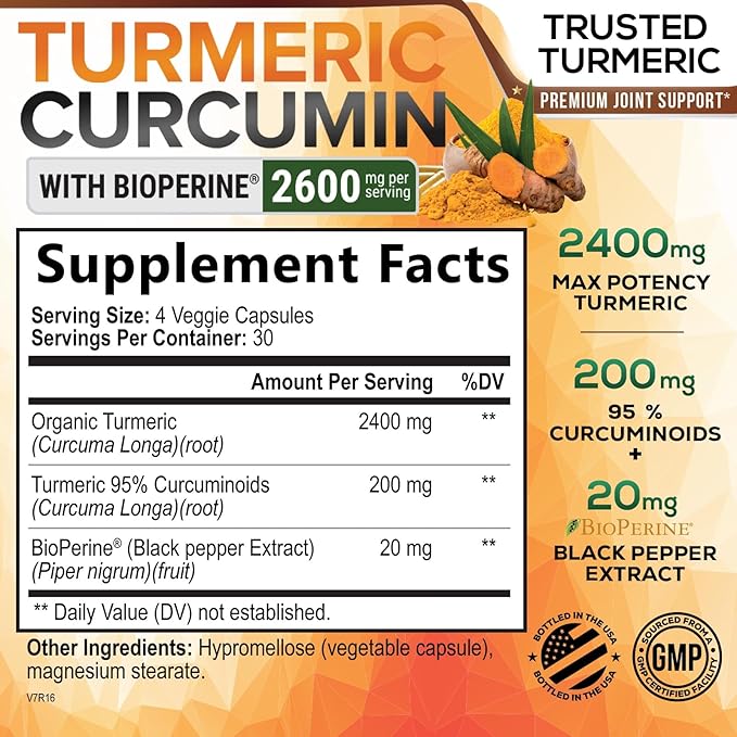 Turmeric Curcumin Supplement 2600mg - 95% Curcuminoids with Organic Turmeric & BioPerine Black Pepper Extract for Best Absorption, Natural Vegan Joint Support, Non-GMO, Bottled in USA - 120 Capsules
