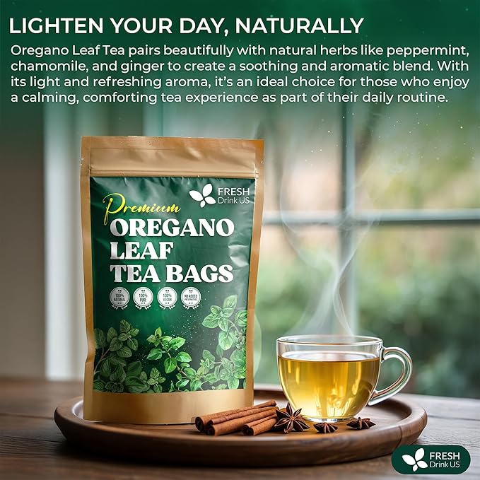 FreshDrinkUS, Oregano Leaf Tea | 135 Tea Bags β Pure Herbal Infusion from Origanum vulgare - Naturally Bold & Aromatic Flavor - Premium Quality, Sustainably Sourced. Vegan