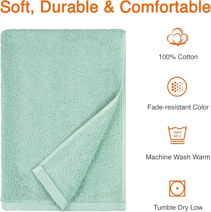 Amazon Basics 100% Cotton Quick-Dry Lightweight Moisture Absorbing Bath Towel, 2-Pack, Seafoam Green, 54" x 30"