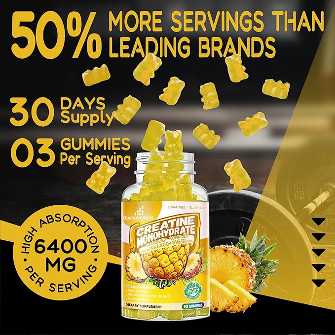 Creatine Monohydrate Gummies Complex for Men & Women -Advanced Formula W/L-Taurine + Vitamin B12, Sugar Free Chewable Supplement,180 Pineapple Gummies 2pack