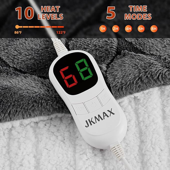 Heated Electric Blanket- Electric Throw Blanket 100"x90" for Bed- Heated Blanket with 5 Heating Levels& 4 Hours Auto Off for Home Office - Soft Sherpa Heating Blanket for Full Body(Grey)