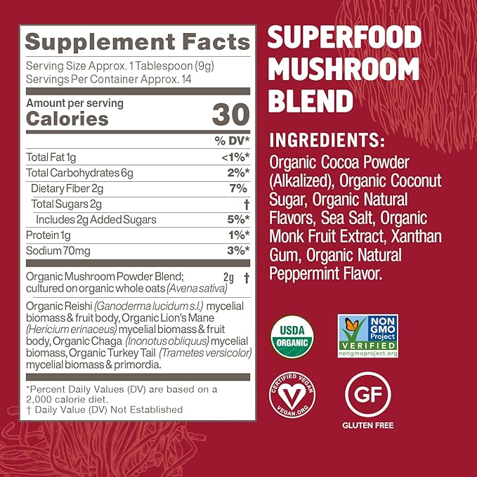 OM MUSHROOM SUPERFOOD Peppermint Hot Chocolate Superfood Mushroom Blend, 4.44 oz, 14 Servings, for Immune Health
