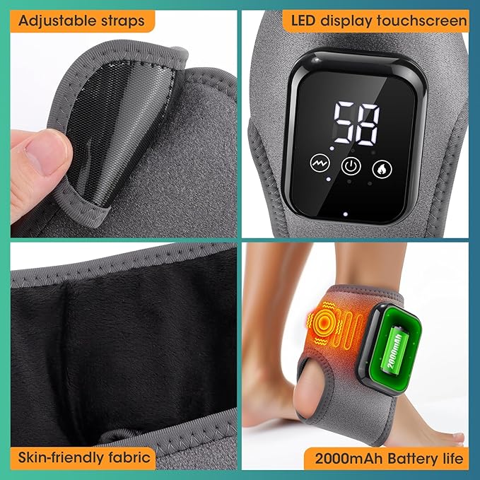 Ankle Massager for Pain Relief, Heating Pad for Ankle and Foot with 2000mAh Rechargeable, Thermal Wrap for Achilles Tendon