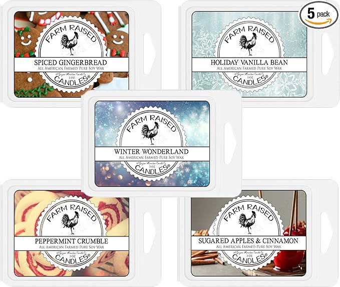Farm Raised Candles – Winter Wonderland 15 oz Total (3 oz Each) 5-Pack Soy Wax Melts | Spiced Gingerbread, Holiday Vanilla Bean, Peppermint Crumble, Sugared Apples | 100% USA Made