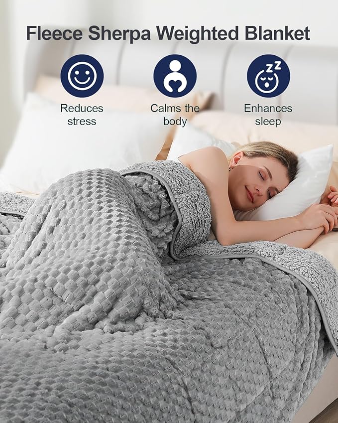 Super Soft Luxury Fleece Sherpa 20 lbs Weighted Blanket for Adults, Turtle Shell Fuzzy Cozy Warm Queen Weighted Throw for Winter, Ceramic Beads Washable Heavy Blankets for Couch Bed, Grey, 60" x 80"