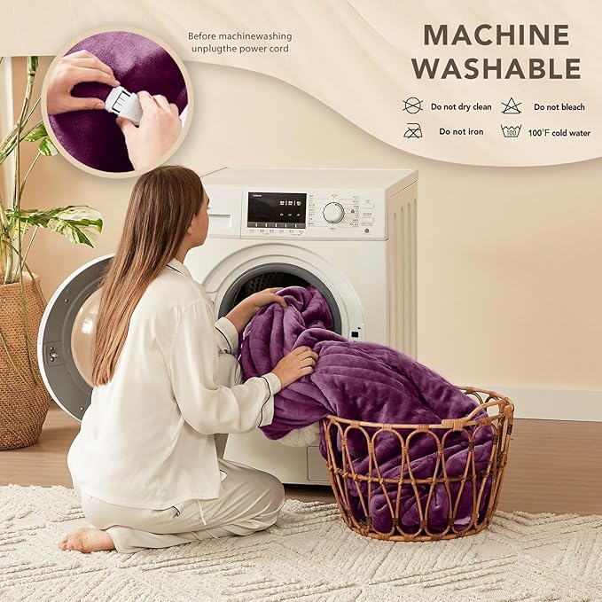Homemate Electric Heated Blanket Twin - 62"x84" Heating Bed Blankets Throw with 10 Heating Levels 8 Hours Auto Off Fast Heating Over-Heated Protection Ultra Soft Warm Flannel ETL Certified Purple