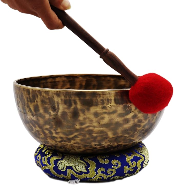 KHÜSI~ 10” Antique Hand-hammered Tibetan Singing bowl ~ Professional master -healing meditation bowls set, Meditation Kit for Chakra Healing and ZEN ~ Hand-made Percussion ~ Gift Set.