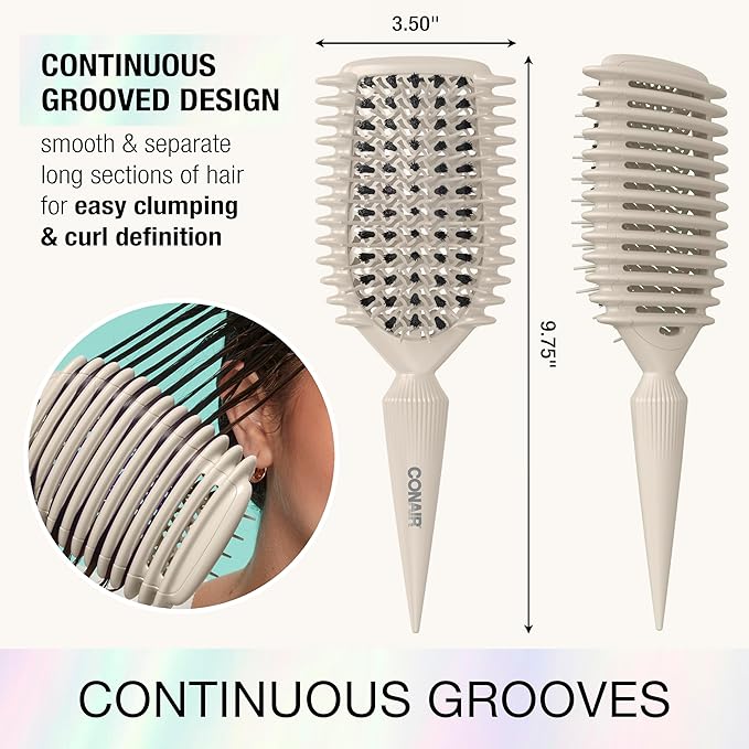CONAIR Curl Define Pro Hairbrush - curly hair brush products - dual-vented designed to smooth, separate, and define curls - unique tapered handle for sectioning - Ivory