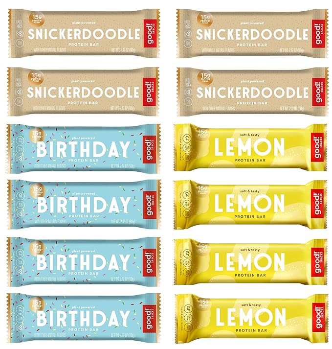 good! Snacks 3 Flavor Variety Pack, Vegan Protein Bars, Birthday Cake, Lemon & Snickerdoodle Protein Bar, Soy & Gluten Free, Plant Based, Low Sugar, 15g Clean Protein, Healthy Superfood Snack, 12 Bars