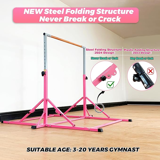 Gymnastic Bar for Kid and Teenage Ages 3-25, 5 FT / 6 FT Base Length, 5 FT / 6 FT Height, Gymnastic Kip Bar Horizontal Bar for Gymnast, Gymnastic Training Equipment for Home and Club Use