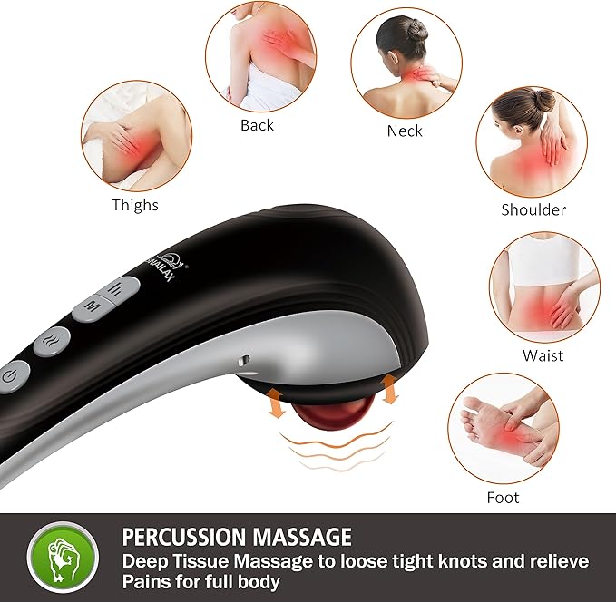 Snailax Cordless Handheld Back Massager - Rechargeable Percussion Massage with Heat, Deep Tissue Massager for Whole Body