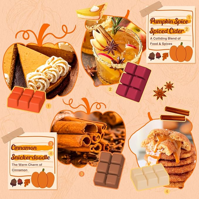 Salubrito Fall Scented Wax Melts, Strong Scented Soy Wax Cubes/Tarts Variety Set- Pumpkin Spice, Cinnamon, Spiced Cider, Snickerdoodle, Balsam Pine, Candy Corn, Fall Harvest, Apple Pie, 8x2.5oz