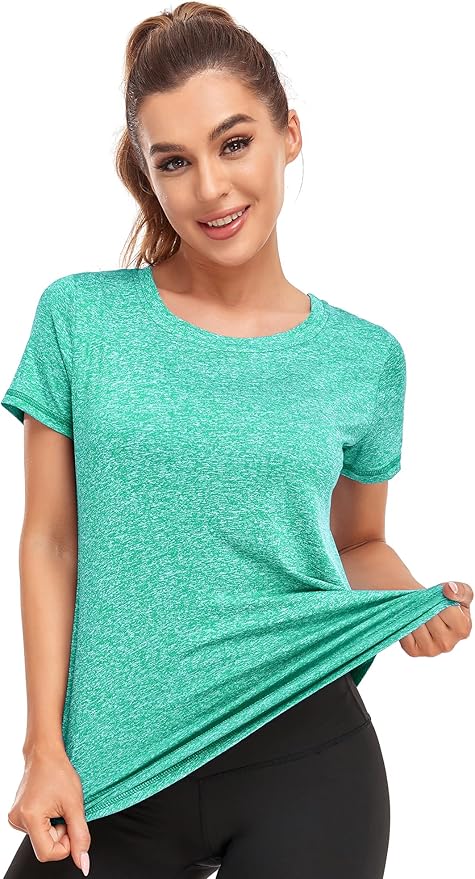 Women's Short Sleeve Workout Shirts Crewneck Sports Yoga Running Dry Fit Tops Side Split Tee