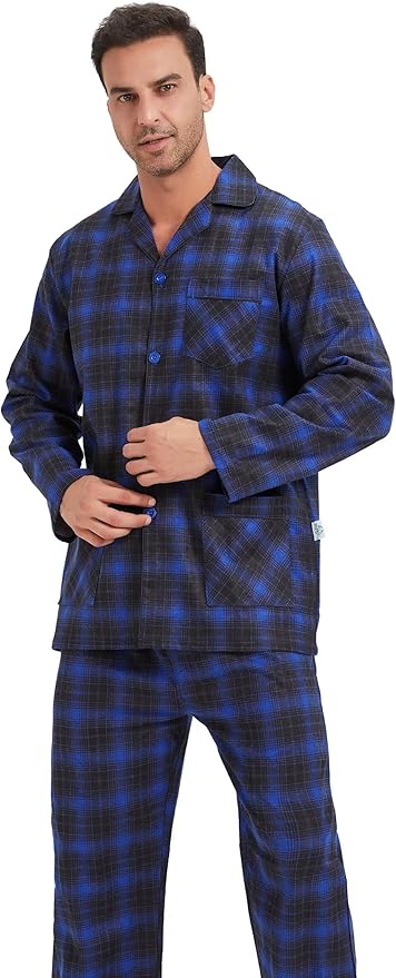 GLOBAL Men's Pajamas Sets 100% Cotton Flannel Sleepwear Long-Sleeve top & Bottom