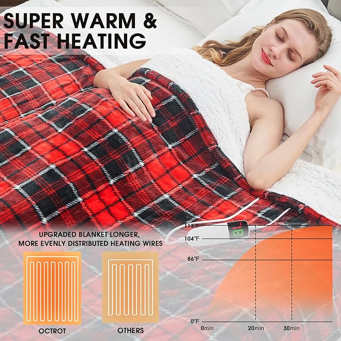 Heated Electric Blanket Full Size,72X84 Heating Blanket,Red Plaid Soft Sherpa Blankets Warmer Gift for Grandma Women Adult,Fast Heating Washable,ETL