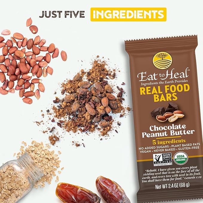 EatToHeal Chocolate Peanut Butter Real Food Bar - Organic Vegan Healthy Gluten Free Protein Bars - Low Sugar Meal Replacement Bar, Non GMO, Never Baked, Plant Based - Crafted to Enjoy