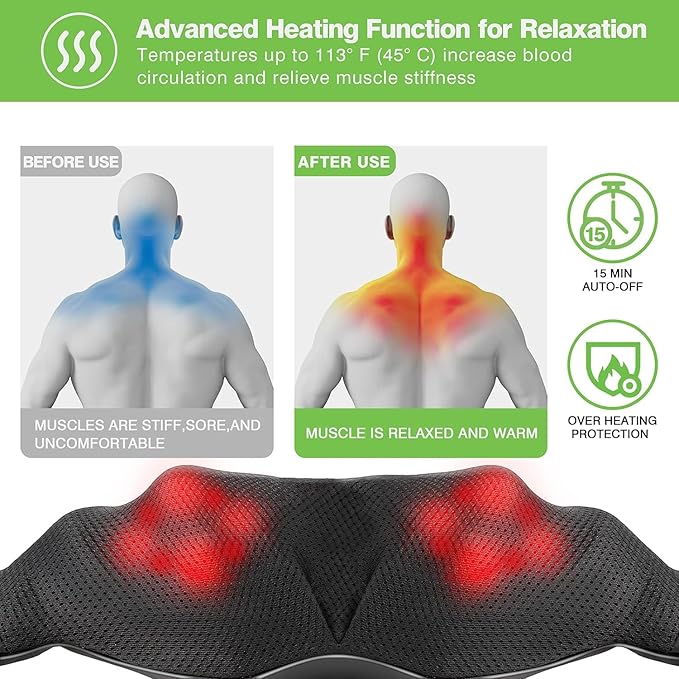 cotsoco Neck Massager, Shiatsu Neck and Back Massager with Heat for Pain Relief, Deep Tissue 3D Kneading Massage Pillow, Relaxation Gifts for Men and Women, Gifts for Dad, Elderly,Wife(Gray)