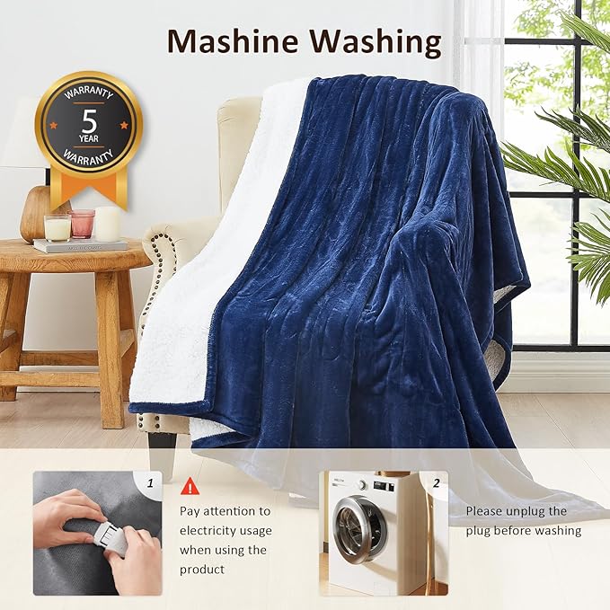 Heated Electric Blanket King Size - 100"x90" Flannel Heating Blanket with 10 Heating Levels & 5 Time Settings Over-Heat Protection, Winter Warmer for Adults with ETL Certification(Navy Blue)